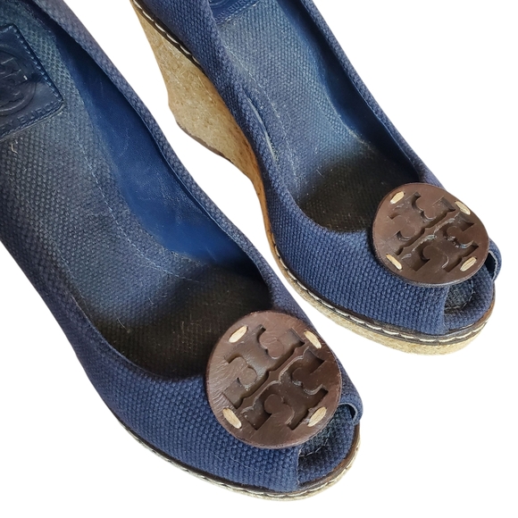 Tory Burch Navy Blue Wedge Espadrille Peep-Toe Shoes 8.5 - Picture 5 of 6